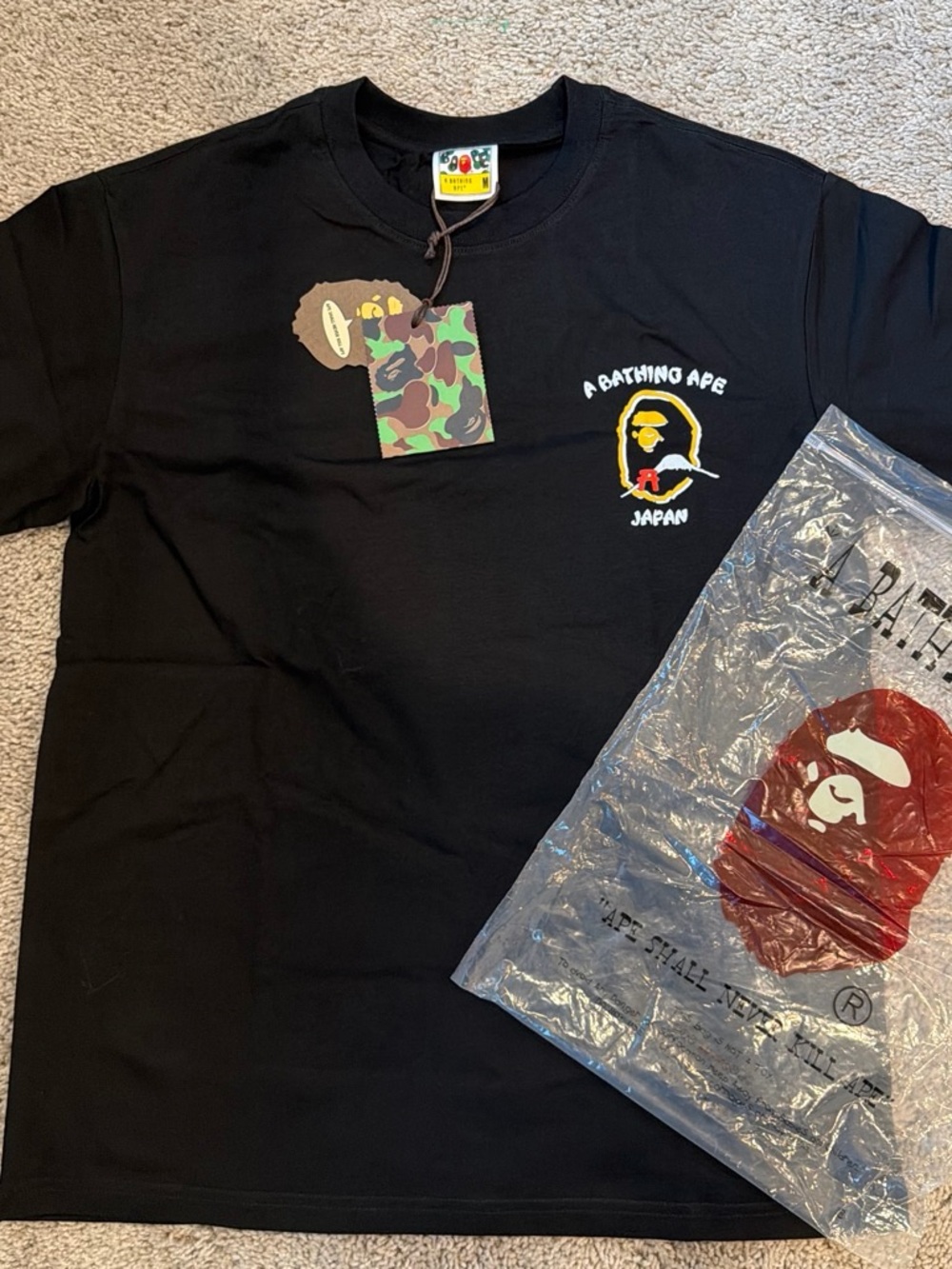 Bape Black Short Sleeve Tee with Yellow & Red Ape Logo